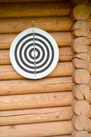 back and white target on wooden log wallの写真素材