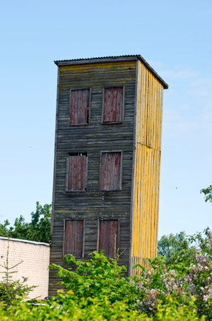 old wooden firehouse training tower with windowsの写真素材