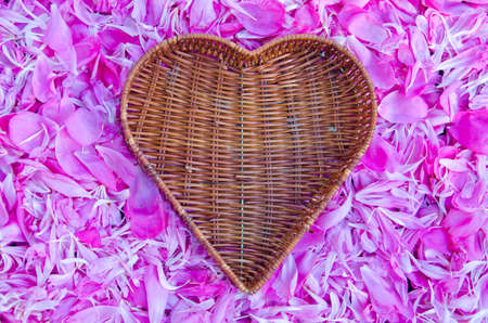 empty heart form wicker baske ton peony petal backgroundの写真素材