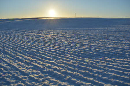 snowy frosty winter time agriculture farm field and morning sunlightの写真素材