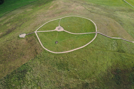 Historical mound Satrija in Samogitia, Lithuania, aerial viewの写真素材