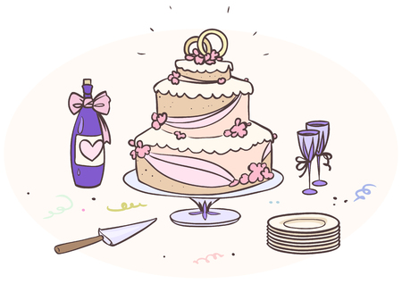 Cartoon wedding cake with a bottle and glassesのイラスト素材