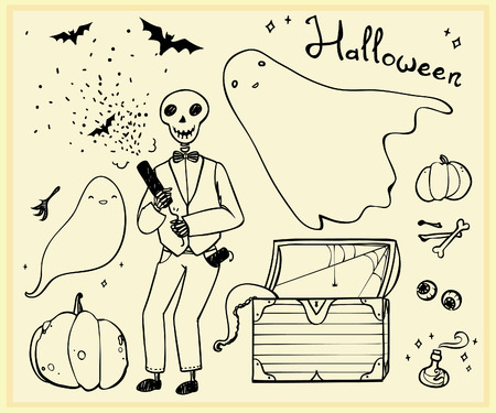 halloween set outline elements: ghosts, skeleton, bats, pumpkinsのイラスト素材