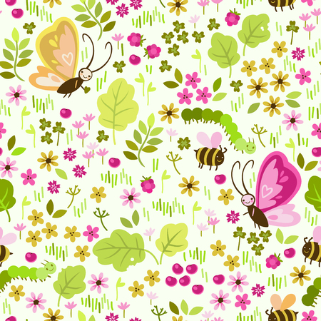 seamless pattern with elements of the meadow: flowers, grass, butterfly, bees, caterpillarsのイラスト素材