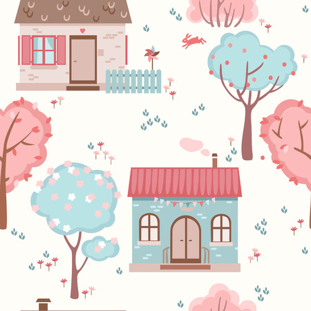 children`s seamless pattern with cute houses, trees and flowers bushesのイラスト素材
