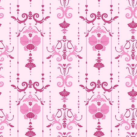 girlish pink seamless pattern with bow and rococo floral ornamentのイラスト素材