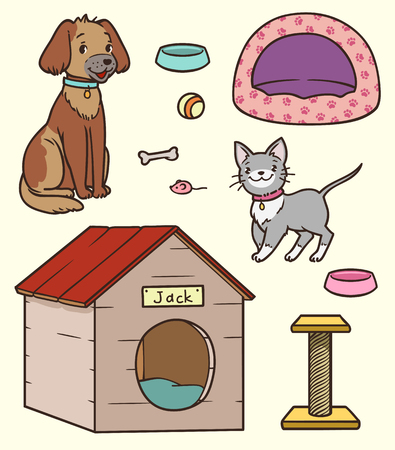 cartoon pets. kitten, puppy and accessories for them. doghouse, stove bench, bowls, sharpener for claws, toysのイラスト素材