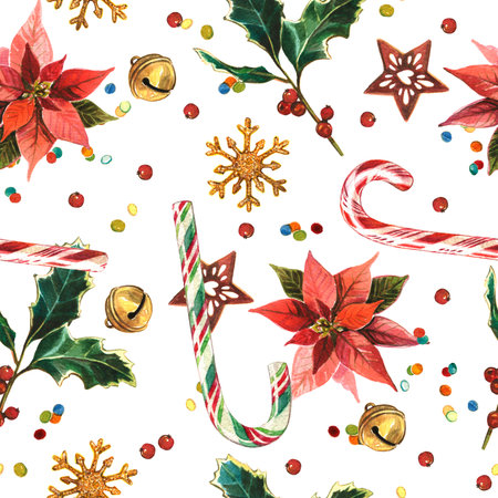 watercolor christmas pattern with candy canes, holly branches, poinsettia flowers and confetti on white backgroundの写真素材