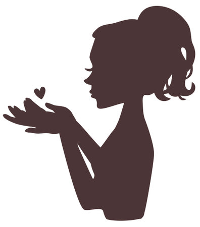vector silhouette of a young girl with an elegant hairstyle holding a heart in her handsのイラスト素材