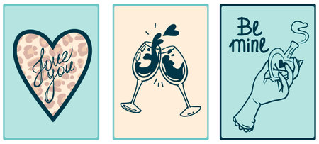 set of vector valentines in mint tones with a leopard heart, love potions and glasses of wineのイラスト素材