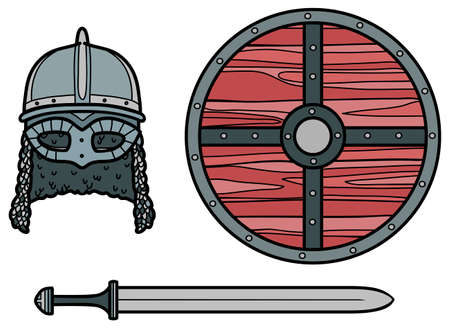 color vector set of helmet, sword and shield of the scandinavian vikingのイラスト素材
