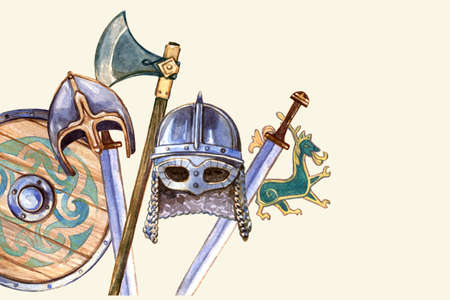 composition of watercolor elements of military equipment and protection of the scandinavian vikings on a light yellow backgroundの写真素材
