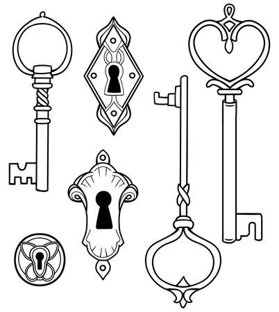 vector contour image of vintage keys and keyholesのイラスト素材