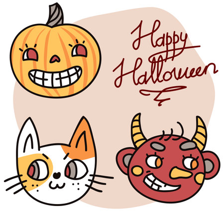 set of funny faces happy halloween cardのイラスト素材