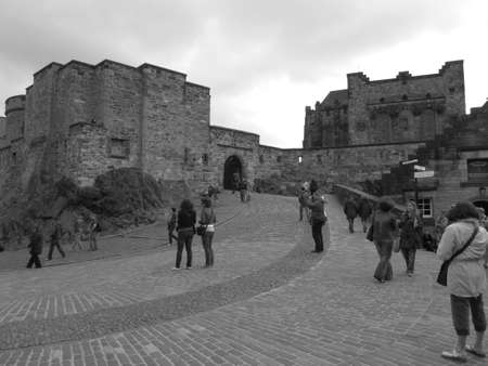 A black and white of buildings of the Edinburgh castle in Scotland.のeditorial素材