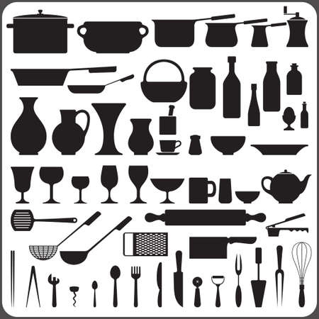 kitchenware set of 57 object silhouettes のイラスト素材