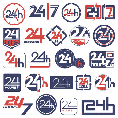 Opening hours signs. Twenty four hours and seven days in week icons set. Customer support service...