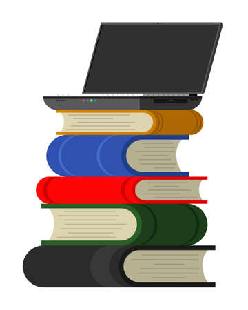 Laptop standing on stack of booksのイラスト素材