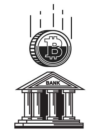 Cryptocurrency coin falling on a bank building and bringing down the banking systemのイラスト素材