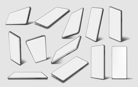 Vector set of realistic smartphones with an empty display and shadow in different angles for mockupのイラスト素材