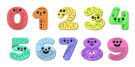 Set of vector numbers in the form of cartoon funny monsters and creaturesのイラスト素材