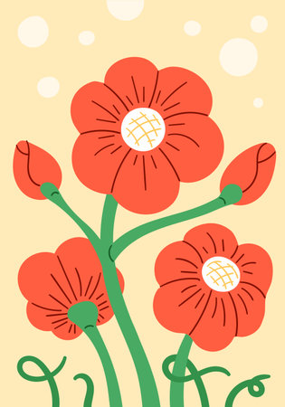 Red blooming flowers and some unopened buds, vertical floral card or posterのイラスト素材