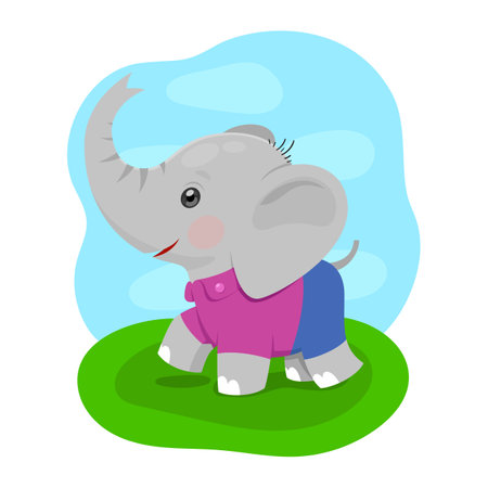 Little happy cute baby elephant in cartoon style dressed in lilac shirt and blue shortsのイラスト素材