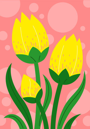 Bouquet of yellow flowers consisting of a pair of blooming buds on a pink background, vertical floral card or posterのイラスト素材