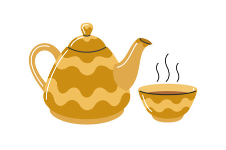 Teapot and cups. Tea kettle with two bowls. Vector illustrationのイラスト素材