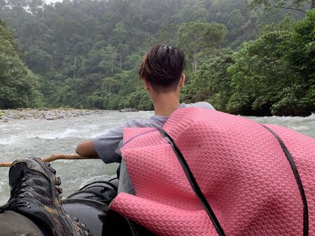 White Water Raffting in the River in Bukit Lawang National Park, Sumatra, Indonesiaの写真素材