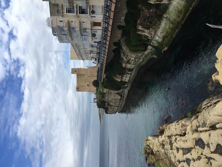 Seascape of St Paul's Bay in Malta with Bugibba viewの写真素材