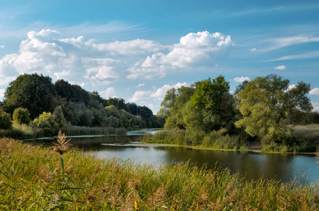 Autumn landscape with a river, trees and clouds