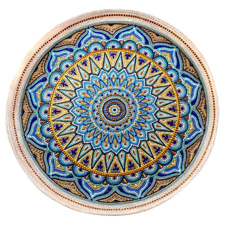 Decorative ceramic dish painted with hands. Art, handmade. Pattern mandalaの写真素材