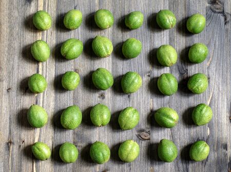 Young green fruits of walnuts lie in rows on a gray wooden backgroundの写真素材