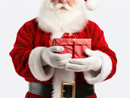 Santa Claus is holding a gift box tied with a red ribbon AI-Generated.の素材