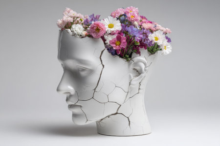 AI generated image of cracked white sculpture of human head filled with colorful blooming flowers, symbolizing fragility, healing, creativity, and emotional growth. Copy spaceの素材