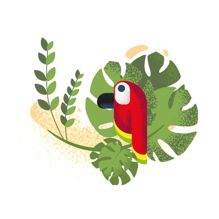 Parrot, exotic plants. Composition for printing.