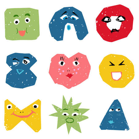 Geometric Figures with face emotions. Collection different shapes. Hand drawn trendy Vector illustration for kids. Elements for web, notebook, stickers, advertisement, wallpaper, poster, leaflet, gameのイラスト素材