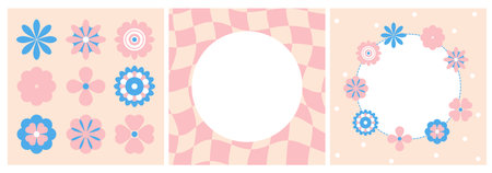 Baby shower cards with geometry flowers. Frame for picture. Retro grid. Sorbet colors, blue and pink, invitation, 70sのイラスト素材