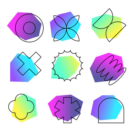 Gradient Playful Shapes. Trendy Abstract Elements for graphic and web design. Y2k minimal geometry. Modern brutalism style. Bright isolated pack for naive posters. Futurism colorsのイラスト素材