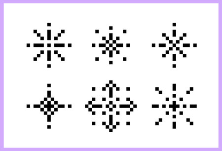 Pixel snowflakes. Y2k trendy stickers. Geometric decor. Pixels elements in the mood of 90s aesthetics. 8-bit retro style illustration. Bright colors.のイラスト素材