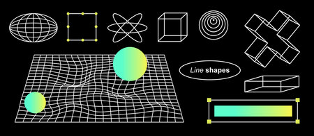 Trendy line geometry elements Y2k. Neo brutalism design. Wireframe. 3D Checker board print. Retro shape. Futuristic gradient on black background. . zine aesthetic. Vectored shapes, retro vibes.のイラスト素材