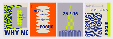 Set of posters for events, trendy retro futuristic brutalism style, geometric shapes, wave pattern, neon colors. Rave music party of flyer design templates. Asymmetrical compositionのイラスト素材