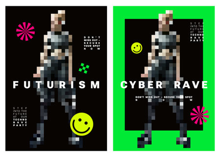 Cyber rave posters with pixelated art, futurism style print, Y2k Trendy Fluorized stickers. Acid....