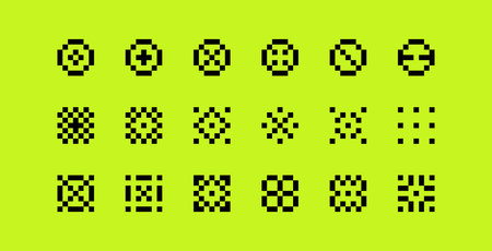 Abstract graphic element set. Y2k trendy playful pixels stickers. Trendy retro futuristic shapes....