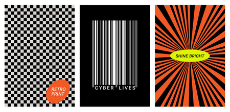 Retro Cyber Minimal Geometric Prints. Neo brutalism, Glitch effects, Op-art illusion. Vintage ray pattern, Black checkered grid, barcode. Brutal Vaporwave posters, Cyberpunk aesthetic, modern designのイラスト素材