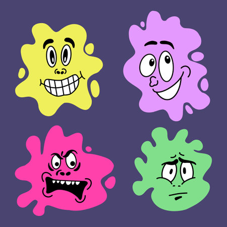 Collection of Abstract cute Emotion faces on colorful blob shapes. Fun stickers. emoji icon set. liquid forms. Various expressions. Colorful Character Doodle Cartoon for kids.のイラスト素材