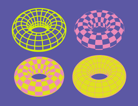 Set of Futuristic Bright bagels. Wireframe elements. 3d basic geometric form. Y2k Naive playful abstract object. Universal trendy design element. Shape torus. Checkered print on ring figure.のイラスト素材