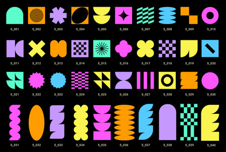 Brutalist Naive Playful Simple shapes, Vibrant color elements, Retro Cyber geometric design. Neon Trendy Y2k stickers. Vectored Flat design, web, scrapbooking. Cyberpunk aesthetic, icons, logotypesのイラスト素材