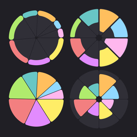 Pie chart set, segmented circle icons, circle diagram with sections or parts. Vibrant Bold Vector for Business chart. Analytic, analysis, infographic templateのイラスト素材